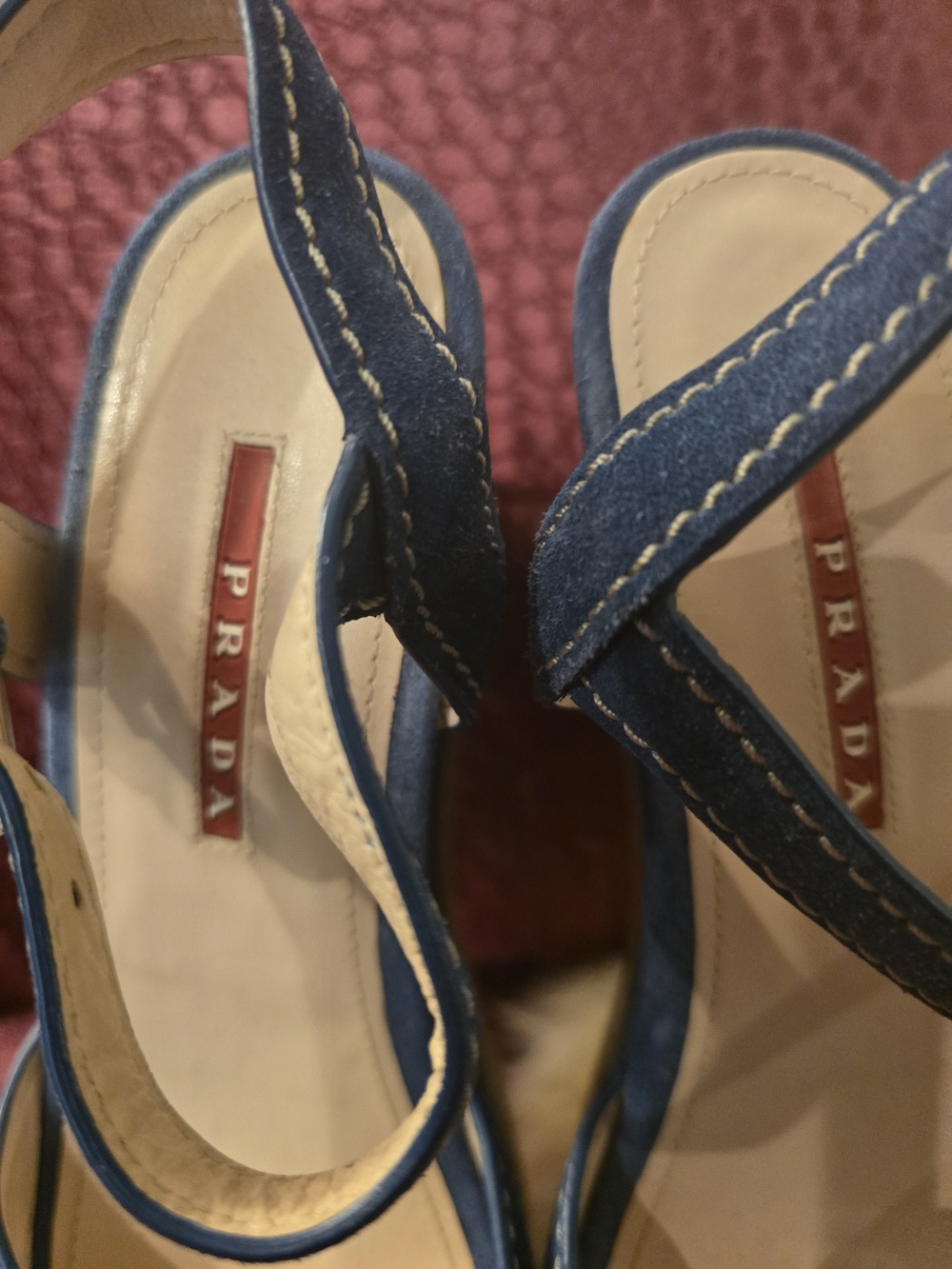 PRADA GENUINE Blue Suede Wedge Sandals with Ankle Strap - Picture 12 of 16